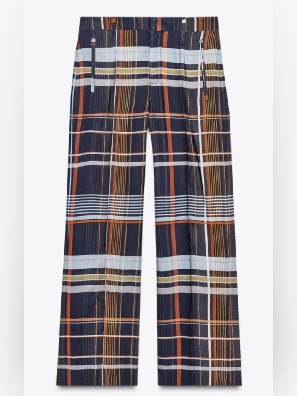 Zara Plaid Check Trousers Mid-Rise Side Pockets Navy Orange Mustard Fall Colors